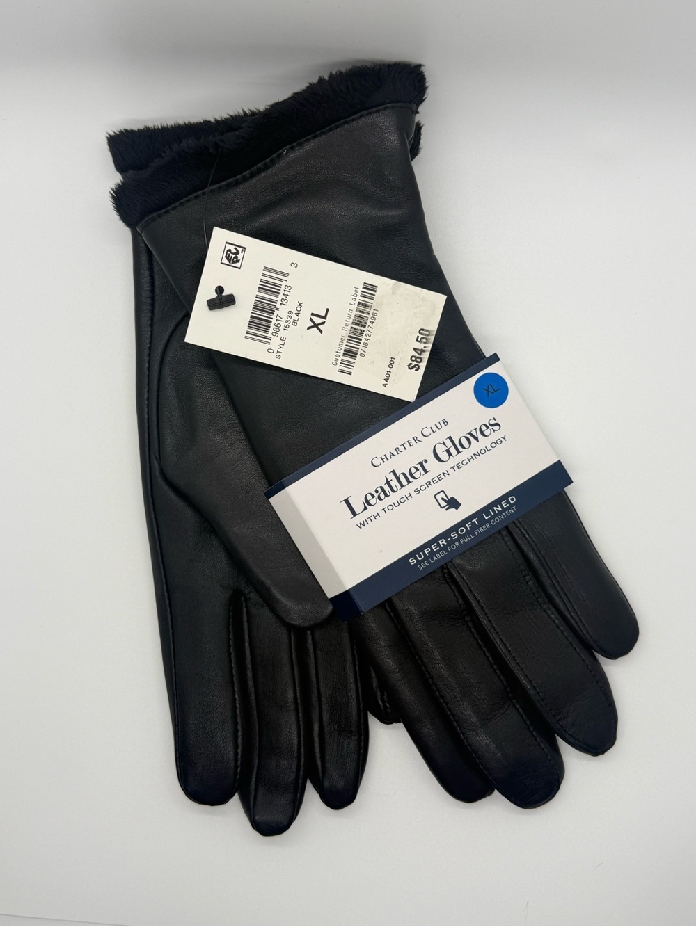 Charter Club Black Leather Gloves with Faux Fur Cuff NWT